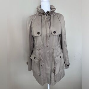 Ann Taylor LOFT Khaki Lined Utility Jacket Trench Coat Zip & Snap Women’s Sz S